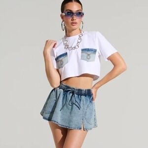 Akira Bella‎ Baby Jean Denim Micro Mini Skirt Skort Medium Light Bleach Wash Y2K